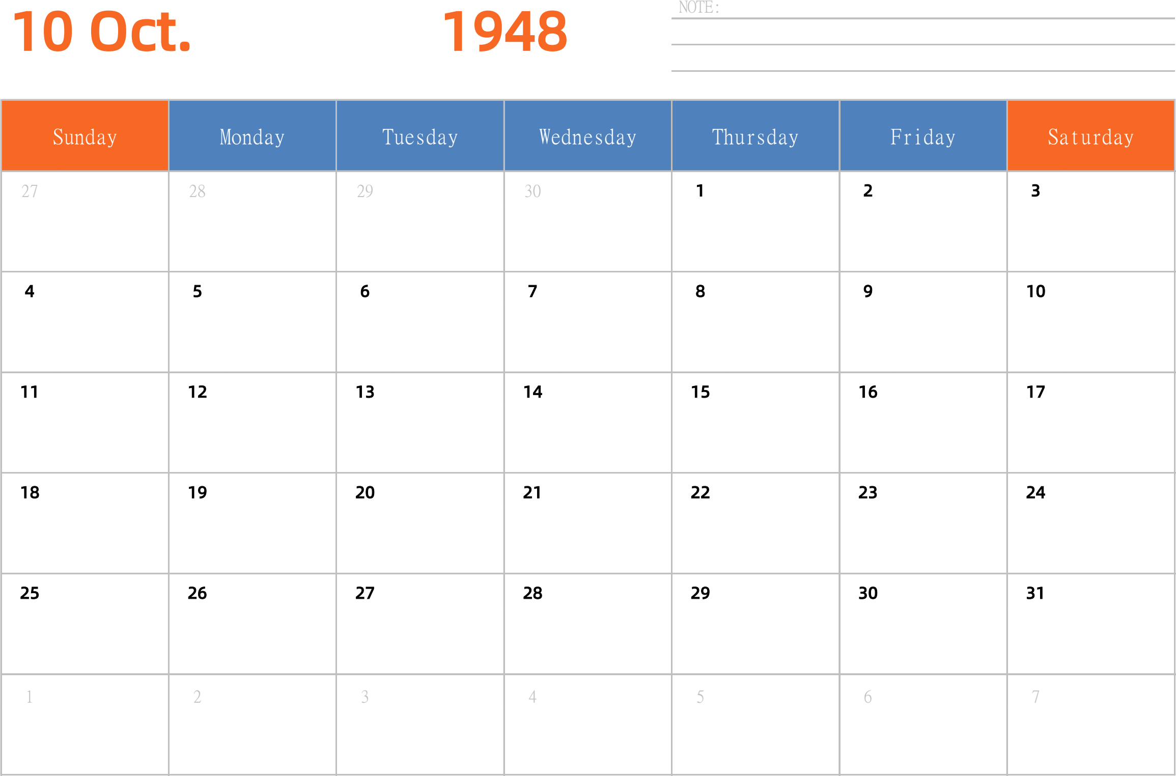 日历表1948年日历 英文版 横向排版 周日开始